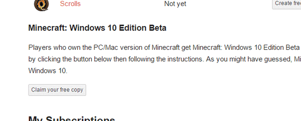 アカウントページが表示されたら、「Minecraft: Windows 10 Edition Beta」の「Claim your free copy」をクリック