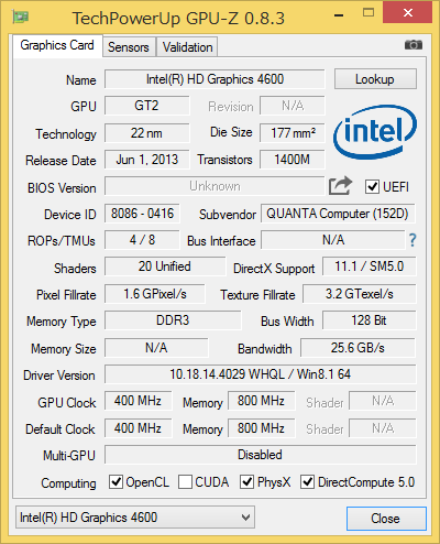 不可の軽い処理では、CPU内蔵のIntel HD Graphics 4600が使われます