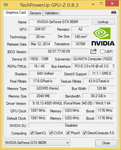 「GPU-Z」によるGeForce GTX 960Mの詳細情報