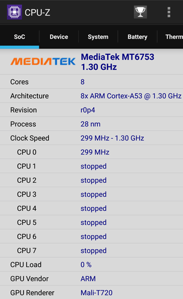 「CPU-Z」によるシステムの詳細情報。プロセッサーはARM Cortex-A53（1.3GHz）をコアとして採用したMediaTekのMT6753。GPUはMali-T720です