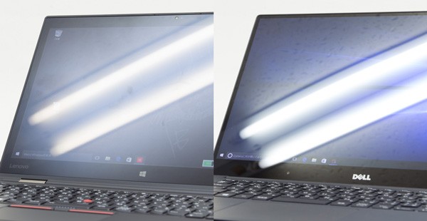 写真左がハーフグレアのThinkPad X1 Yogaで、右がグレアのxps 15。色の鮮やかさを損なわずに、グレアタイプよりも光の映り込みが少ない点がポイントです