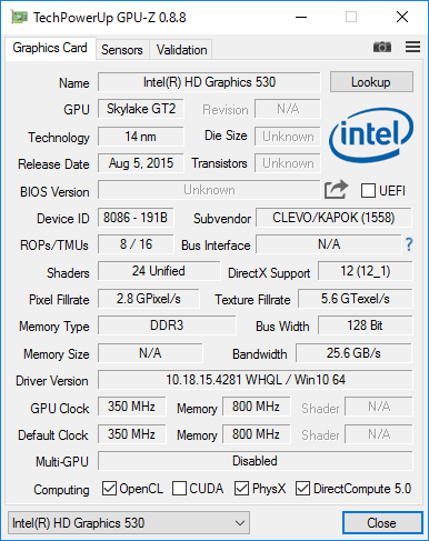 Core i7-6700HQ内蔵のIntel HD Graphics 530詳細情報