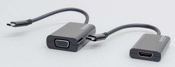 ELECOM製 USB Type-C 変換ケーブル （HDMI）」と、アナログRGB（VGA）に変換する「ELECOM製 USB Type-C 変換ケーブル （VGA）」