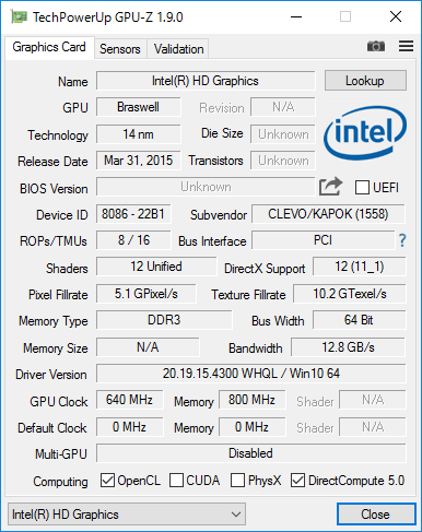 CPU内蔵「Intel HD Graphics 400」の詳細。Celeron N3050では末尾に数字のない「「Intel HD Graphics」でしたが、リネームされただけなので性能的には変わりません