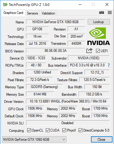 GeForce GTX 1060の詳細情報。GPUコアはGP106で、6GBのビデオメモリーを搭載しています