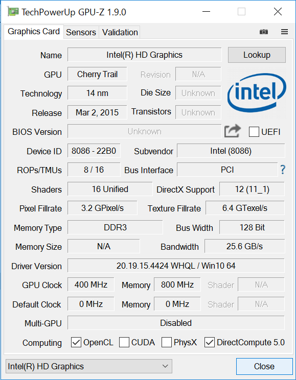 CPU内蔵のIntel HD graphics 400詳細情報