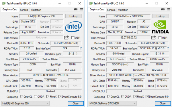 CPU内蔵のIntel HD Graphics 530と、外付けGPUのGeForce GTX 960M詳細　※クリックで拡大