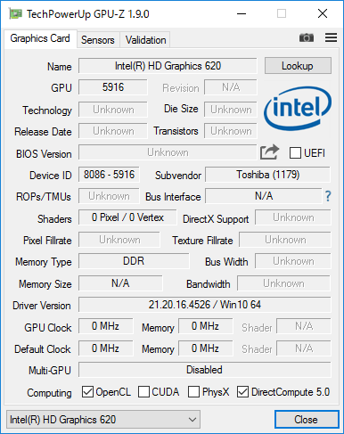 「GPU-Z」によるIntel HD Graphics 620の詳細情報